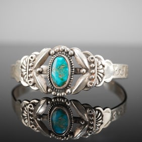 Vintage Fred Harvey Era Navajo Sterling Silver Turquoise Cuff Bracelet