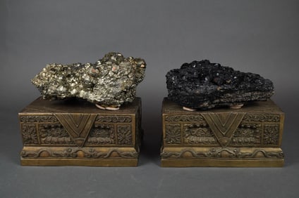 2 Mineral Specimens Pyrite & Sphalerite on Brass Plinths
