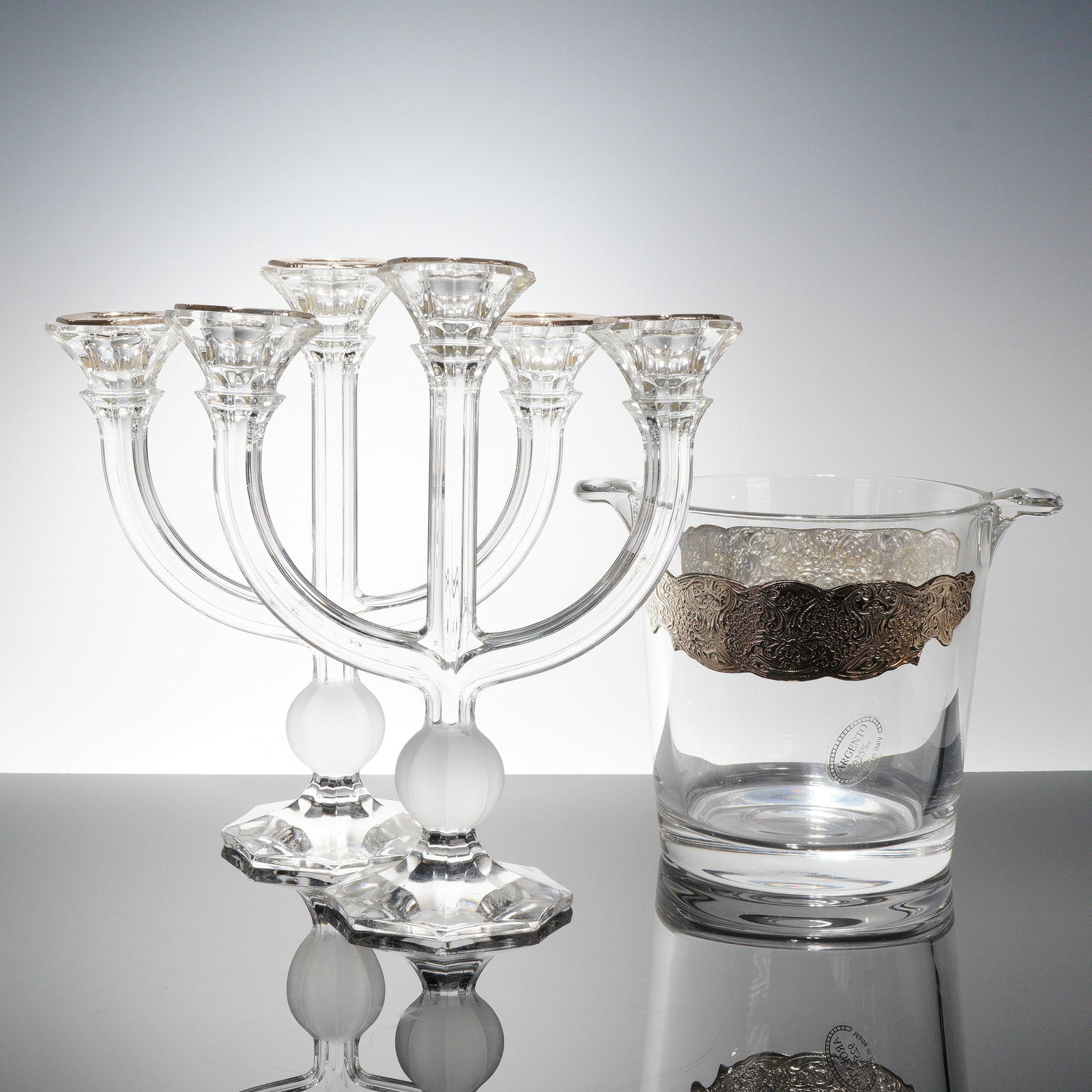 Sterling Silver Mounted Glass Candleholders and Ice Bucket (1 of 6)