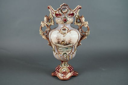 Wilhelm Schiller & Sons Austrian Majolica Twin-Handled Vase, Dated 1873