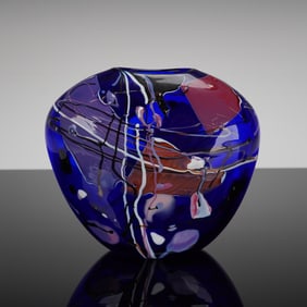 Stephen Nelson Signed Abstract Cobalt Blue Art Glass Vase 1990