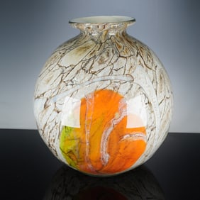 Modern Studio Art Glass Globe Vase with Craquelure and Abstract Inclusions