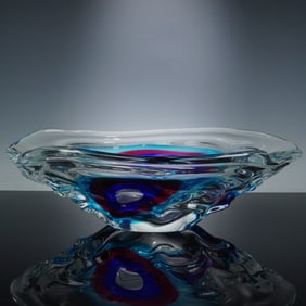 Jan Beranek Czech Art Glass Oval Bowl Teal Purple Blue