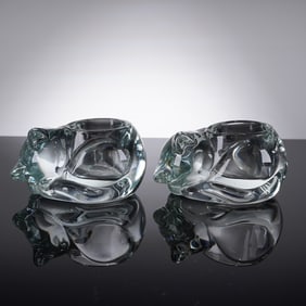 A Pair of Vintage Avon Sleeping Cat  Glass Candle Holders