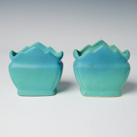 A Pair of Van Briggle Pottery Turquoise Tone Scalloped Planters