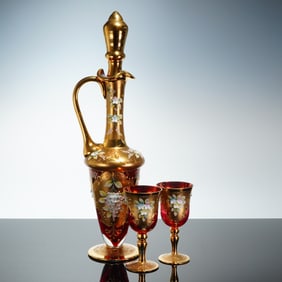 A 4pc Bohemian Gilt and Enameled Red Glass Decanter Set