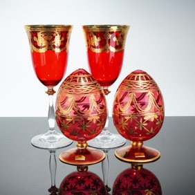 A Collection of 4 Ruby Red Glass Goblets and Decorative Eggs