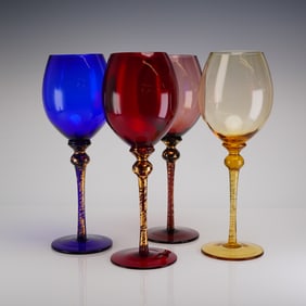 A Collection of Four Cellini 24 KT Gold Flake Stem Oversized Wine Glasses