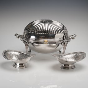 A Trio of English Silver-Plated Chafing Dish and Sauce Boats
