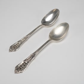 A Pair of Wallace Sterling Silver Spoons in Ornate Rose Motif Pattern