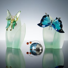 3 Swarovski Crystal Paradise Butterfly & Bug Figurines w/ Leaf Stands
