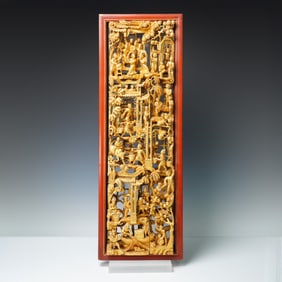 Chinese Giltwood Carved Panel, Festival Scene