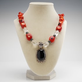 Artisan Black Onyx Pendant Necklace with Red Coral and Quartz Beads
