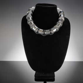 Modernist Clear Bead and Silver-Tone Spacer Necklace