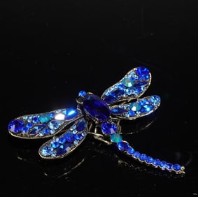 Costume Jewelry Dragonfly Brooch Paved with Blue Rhinestones