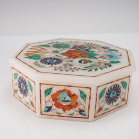 A White Marble Octagonal Box with Pietra Dura Floral and Foliate Inlay