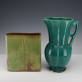 2pc Frankoma Flying Goose Vase and Teal American Art Pottery Pitcher