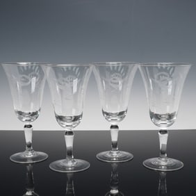4pc Etched Crystal Floral Motif Water Goblets