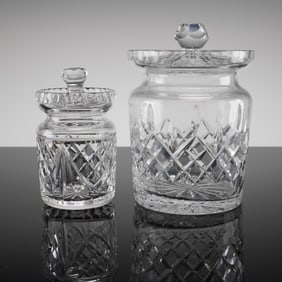 A Pair of Rogaska Crystal Covered Biscuit Barrel and Condiment Jars