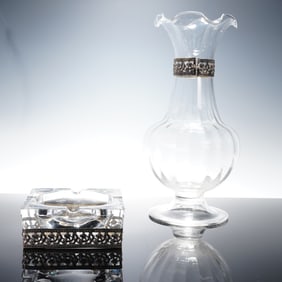 2pc Sterling Silver Cut-Glass Ashtray and Floral Banded Glass Vase