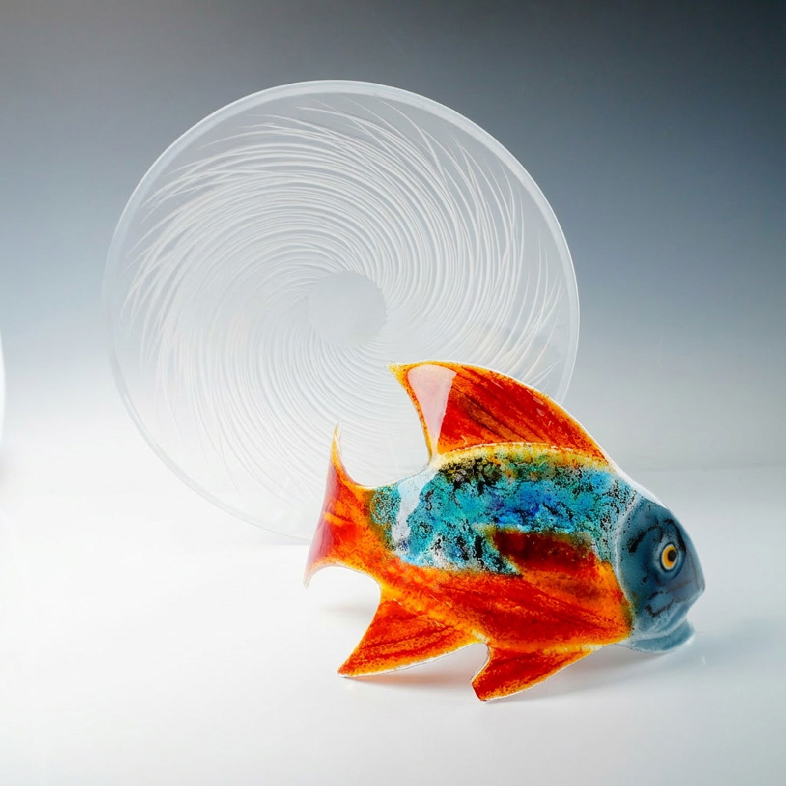 2pc  Salviati Etched Glass Plate & Studio Art Glass Fish Sculpture (1 of 7)