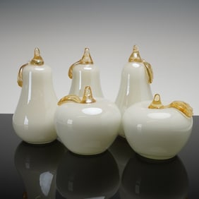 A Collection of Five White Murano Glass Fruit Sculptures Apple and Pear