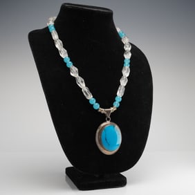 Mexican Sterling Silver Necklace with Nishapur-Style Turquoise Pendant