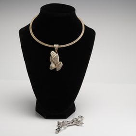Contemporary Iced Out Costume Jewelry, Praying Hands and Feline Pendants