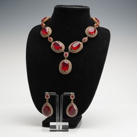 Three-piece Gilt-Over-Silver and Simulated Gemstone Jewelry Set