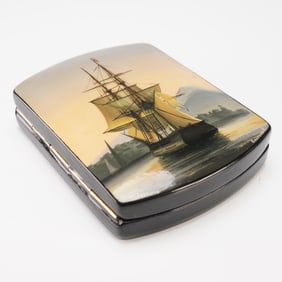 Russian Fedoskino Lacquer Box - Sailing Ship, Signed Konnova