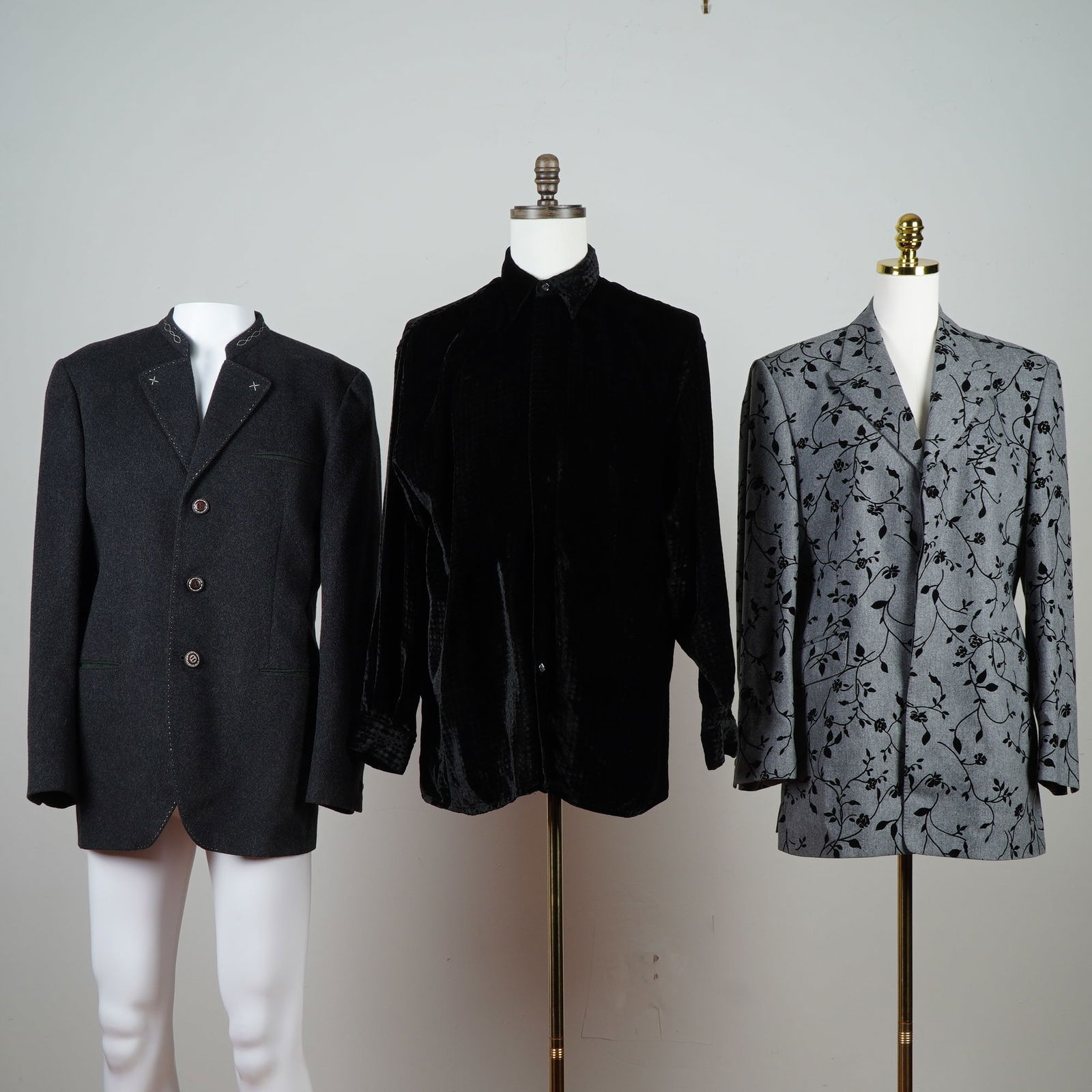 3pc Moschino, Alexandre of London, Ross Graison Men's Jackets: Comprising a Moschino 80% Lana and 20% alpaca fashioned in a structured silhouette with distinctive contrast stitching and traditional tailoring, a Ross Graison 100% rayon button-front jacket exhibiti