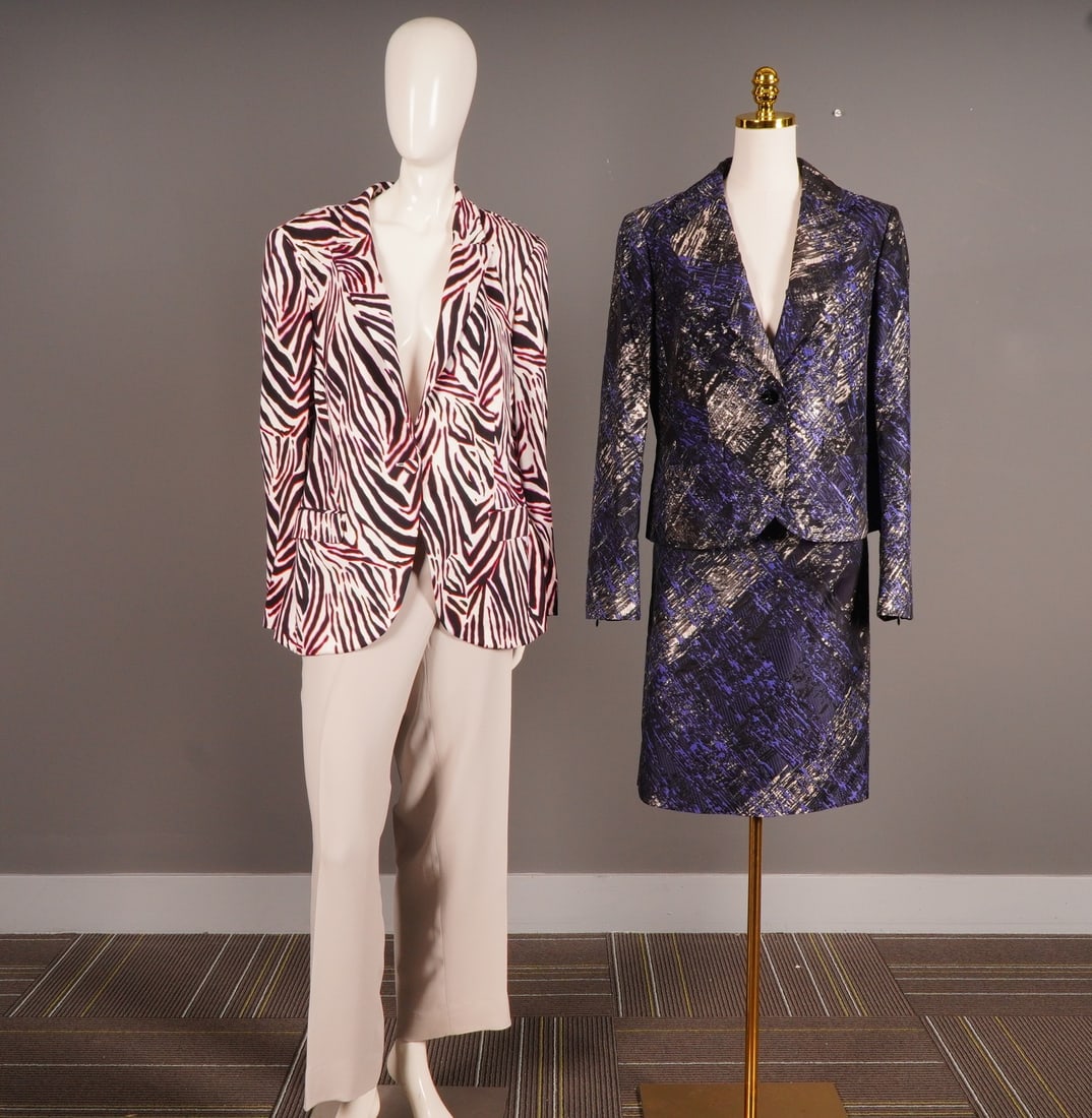 4pc Armani Pants, Escada Neiman Marcus Blazer, and Escada Skirt Suit: A polished grouping of four designer pieces including a pair of elegant Armani Collezioni cream trousers, an Escada exclusively for Neiman Marcus patterned blazer in bold zebra-inspired tones, and a r