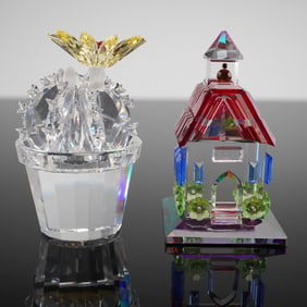 2 Swarovski & Iris Arc Crystal Figurines - Flowering Cactus & Schoolhouse