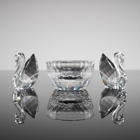 A Trio of Swarovski Swans and Cubism Bowl
