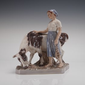 Dahl Jensen Porcelain Figural Group Milkmaid with Cow, Model 1792