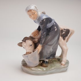 Royal Copenhagen Porcelain Figurine Girl Feeding Calf Marked 779