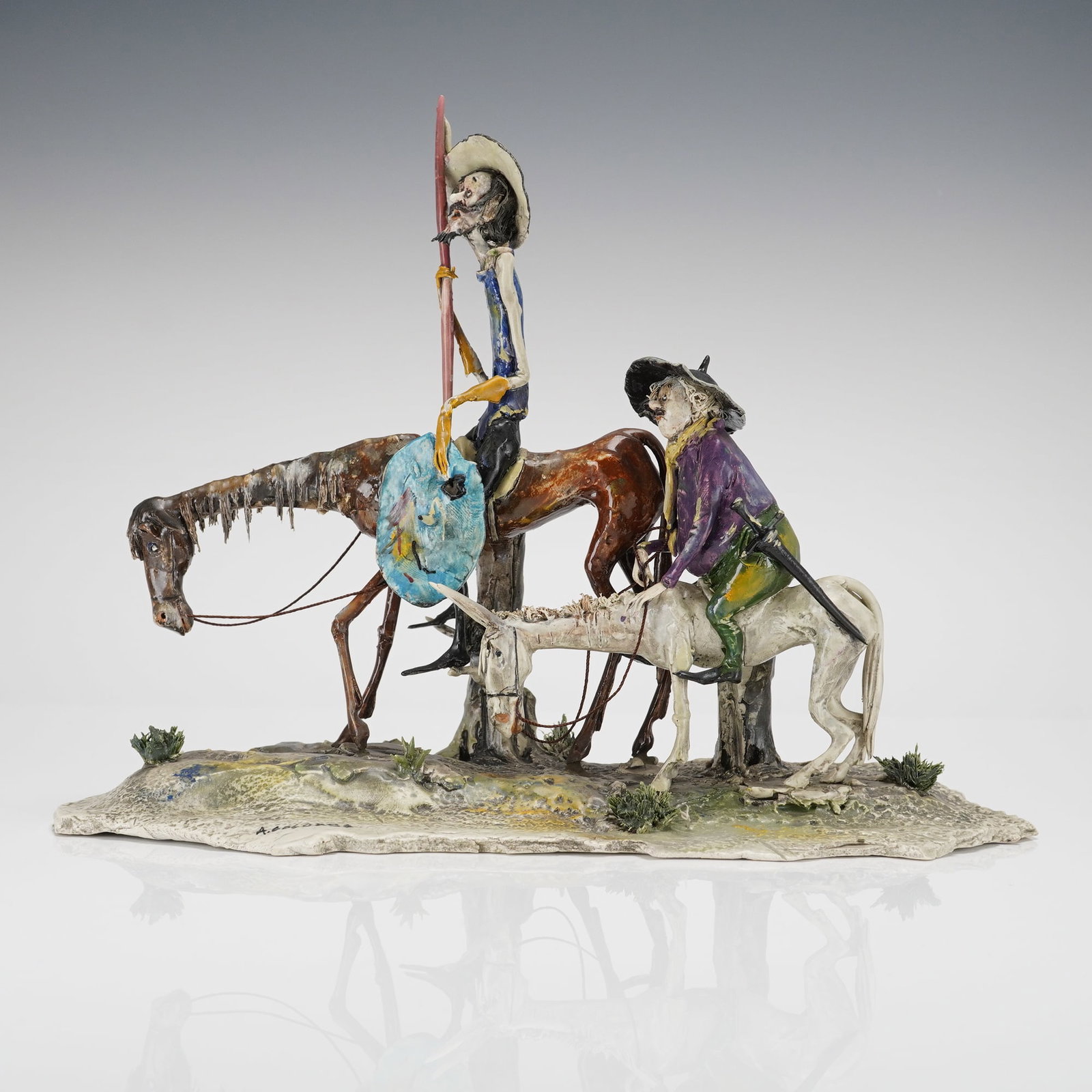 Adriano Colombo Lo Scricciolo Ceramic Figurine Don Quixote, Dated 1981: A single glazed ceramic figural sculpture depicting a complex equestrian group, consistent with the expressive folk art style popularized by Italian ceramicists such as Toni Moretto and Adriano Colomb