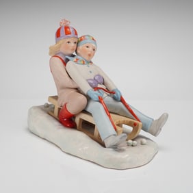 Cybis Porcelain Figurine Nancy and Ned Winter Sledding