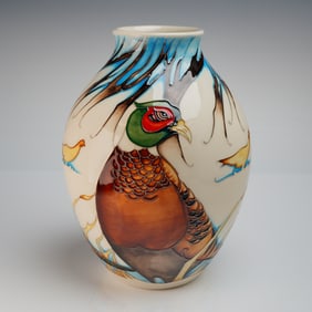 Moorcroft Pottery Trial Vase, Pheasants of Snow Hollow