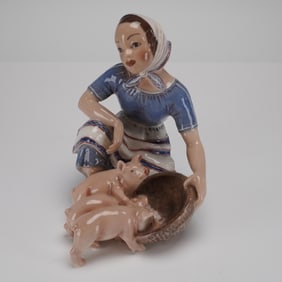 Dahl Jensen Glazed Porcelain Figurine Woman and Piglets Model 1313