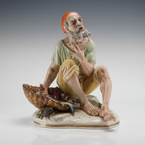 Sandizell Hoffner German Polychrome Enameled Porcelain Fisherman Figurine