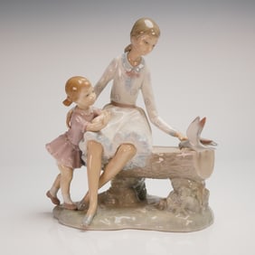 NAO by Lladro Porcelain Figurine Woman and Child Feeding Birds on Bench