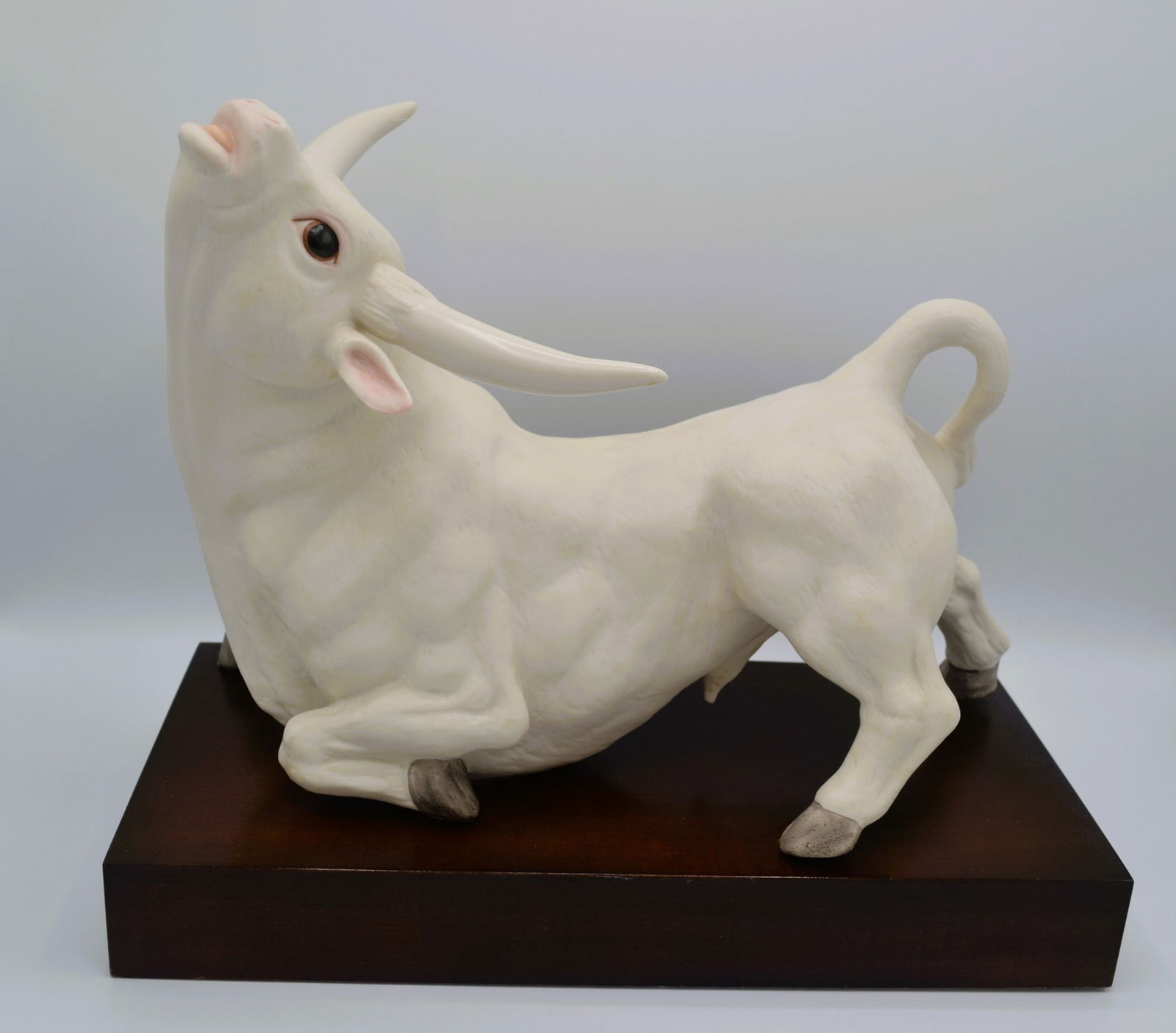 Cybis Porcelain Bull God Of The Thunderbolt Sculpture, 1960, Rare: Bisque Porcelain White, hand created, hand painted by the Artisans of the Cybis Studio in Trenton, NJ, USA. Featuring the Bull, "God of the Thunderbolt" which was introduced in 1960 and completed in 1