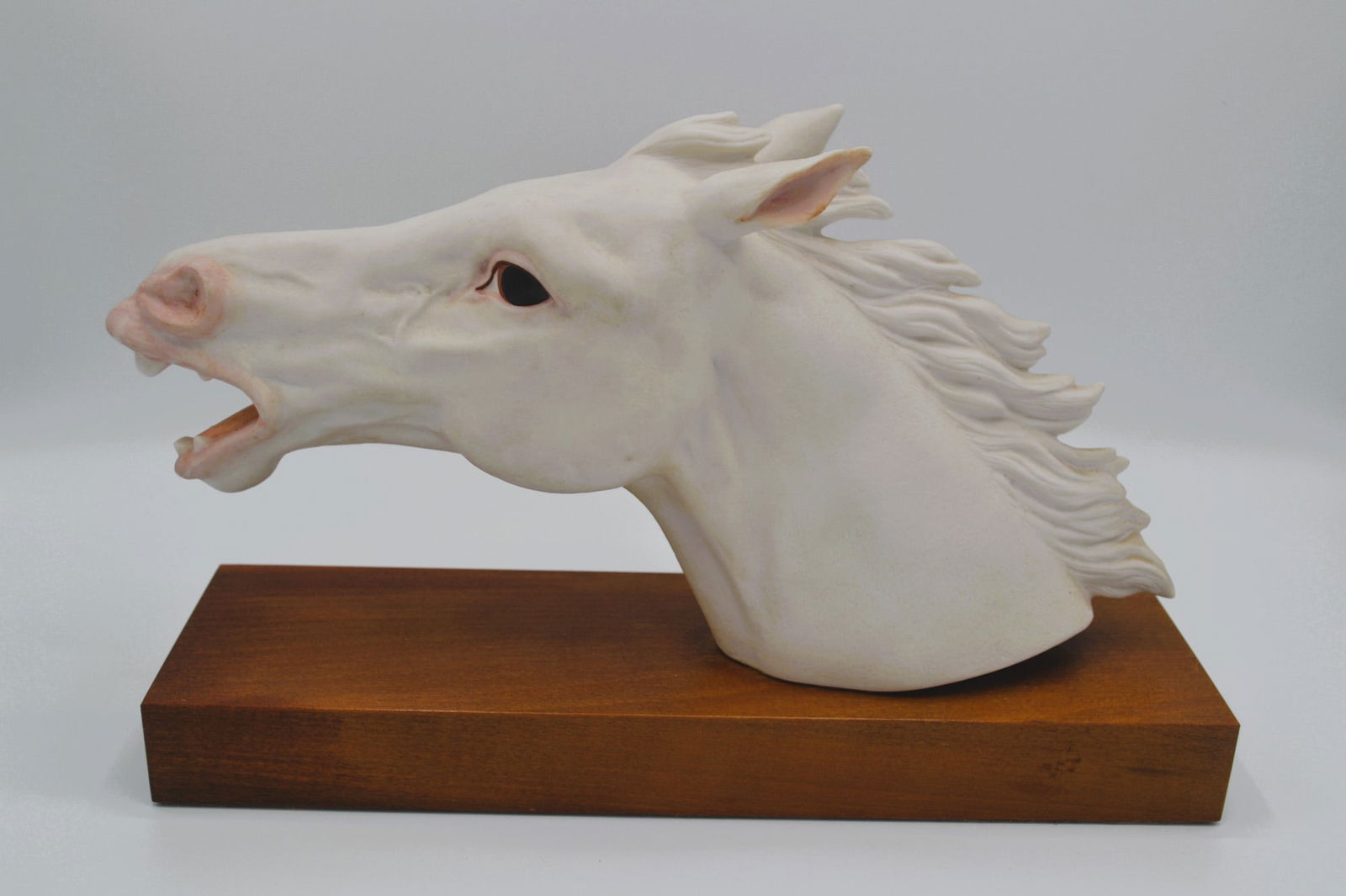 Cybis Porcelain Horse Head "Racer" Sculpture, On Wood Base, 1964, Rare: Bisque Porcelain Decorated, hand created, hand painted by the Artisans of the Cybis Studio in Trenton, NJ, USA. Featuring the The Horse Head "Racer." Early and rare, in natural colors, from The Animal