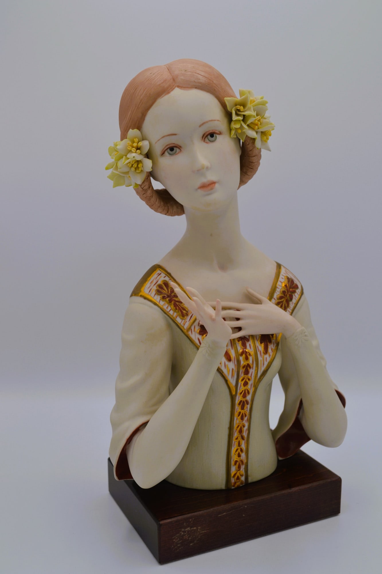 Cybis Porcelain Guinevere Sculpture, 1967: Bisque Porcelain Decorated, hand created, hand painted by the Artisans of the Cybis Studio in Trenton, NJ, USA. Featuring the Figurine of "Guinevere" from the Portraits in Porcelain Collection. Hallma