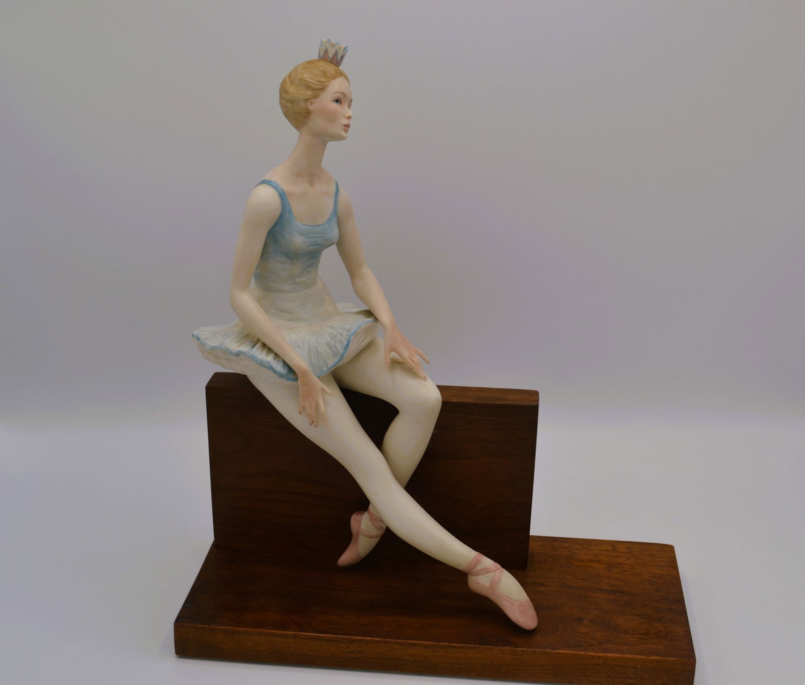 Cybis Porcelain Ballerina "On Cue," 1963, On Wood Base: Bisque Porcelain Decorated, hand created, hand painted by the Artisans of the Cybis Studio in Trenton, NJ, USA. Featuring the Ballerina "On Cue." Design Number: 423. Issued: 1963. A sold out and close