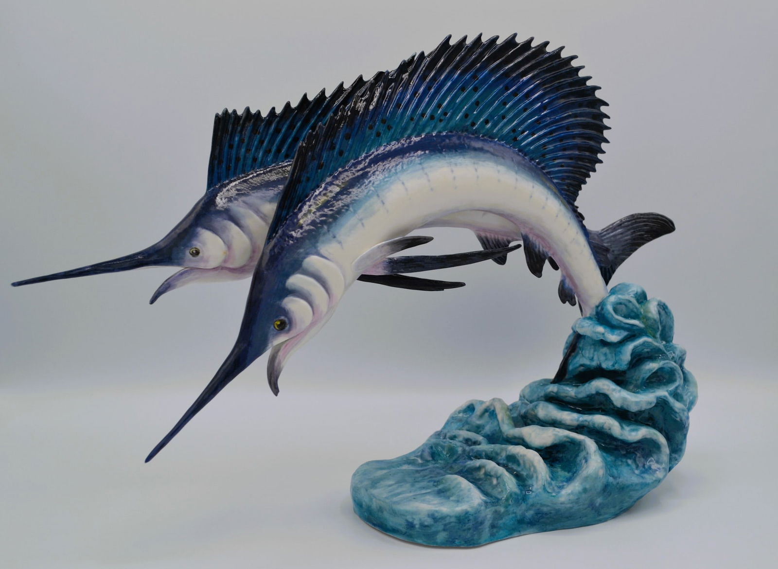 Connoisseur Porcelain Atlantic Sunrise Sail Fish Sculpture, LE, 1995, Rare: Fine Bone China Decorated, hand-created, hand-painted, with exquisite detail maintained through the dedication of each artist and craftspeople of Connoisseur Porcelain Studios, recognized as some of t