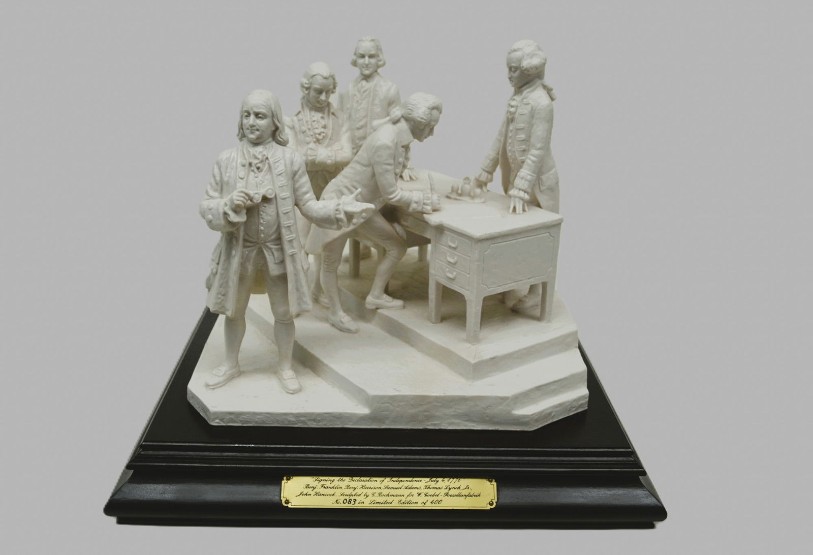 Goebel Porcelain Sculpture Signing Declaration of Independence, 1775: Americana Figures Porcelain Sculpture "Signing the Declaration of Independence, July 4, 1776," by Celebrated Artist G. Bochmann. Produced by W. Goebel in West Germany, hand created, hand painted in Wh