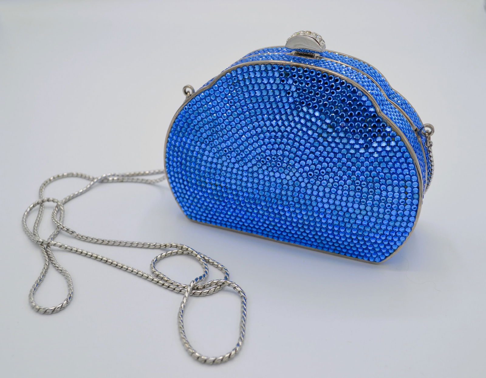 Judith Leiber Blue Swarovski Crystal Evening Clutch, Vintage: A True Vintage Judith Leiber Blue Crystal Crossover Evening Clutch, Hard Shell Case Encrusted in Swarovski Crystals, Front, Back and Sides. A Top Side Lock Closure is Jeweled in Crystals, all Sparklin