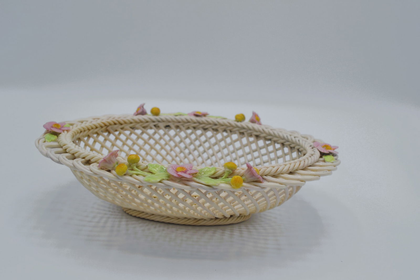 Belleek Porcelain Oval Basket With Multi-Color Florals, Vintage (1 of 6)